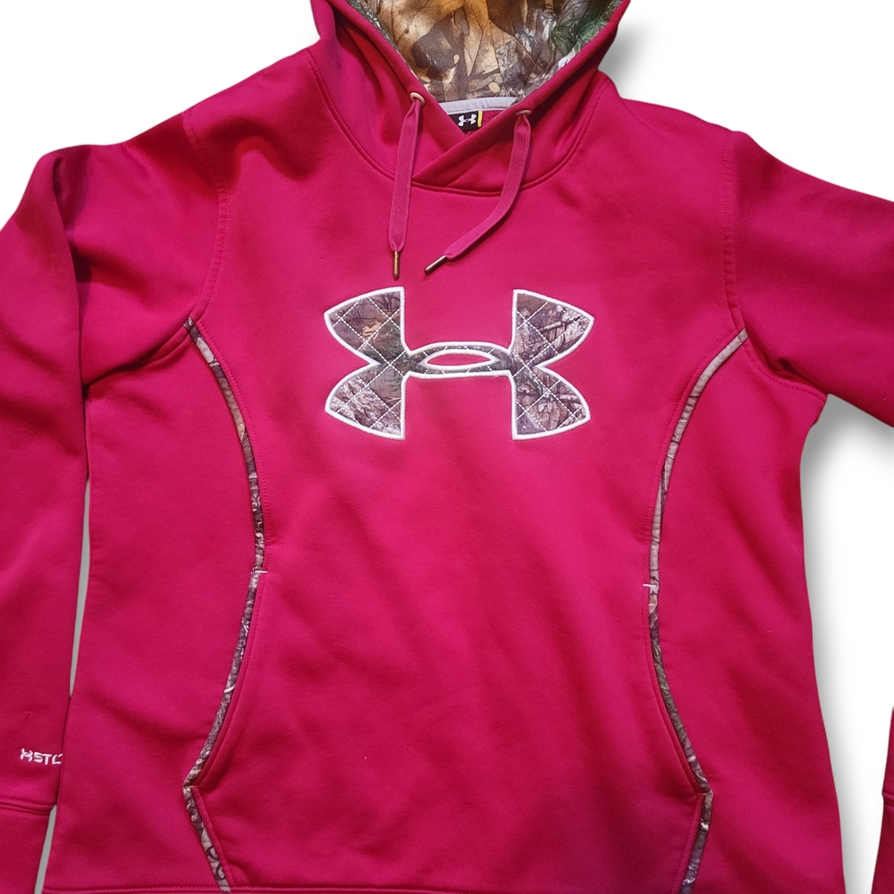 UNDER ARMOUR - Womans Pink Hoodie With Green Camouflage Detailing Size Medium - Picture 2 of 8